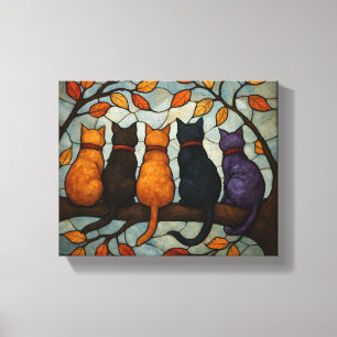 Toile Cinq chats sur une branche d'arbre de style vitrai