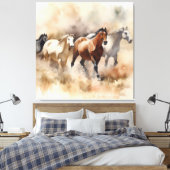 Toile « Cinq mustangs galopants » Aquarelle western pous (Insitu(Chambre))
