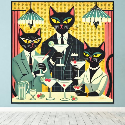 Toile Club Martini Cat Noir Futuriste Rétro (Insitu (Plancher de Bois))