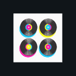 Toile CMYK pop art vinyle disques 80s style couleurs viv<br><div class="desc">Un design pop art CMYK aux couleurs vives de quatre disques vinyles. Design très cool pour quelqu'un qui aime les souvenirs et l'art des années 80.</div>