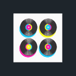 Toile CMYK pop art vinyle disques 80s style couleurs viv<br><div class="desc">Un design pop art CMYK aux couleurs vives de quatre disques vinyles. Design très cool pour quelqu'un qui aime les souvenirs et l'art des années 80.</div>