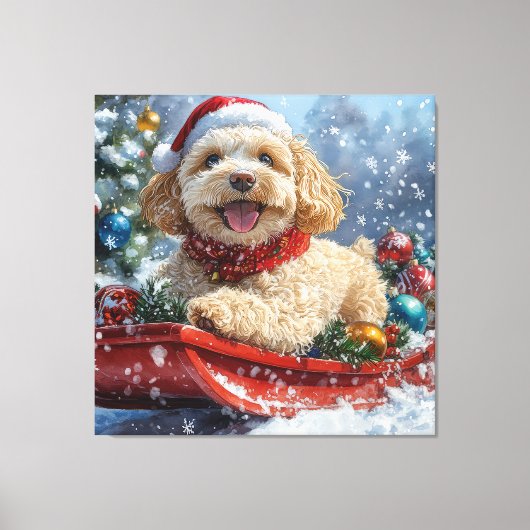 Toile Cockapoo Dog in Sledge Let it Neige Christmas (Recto)