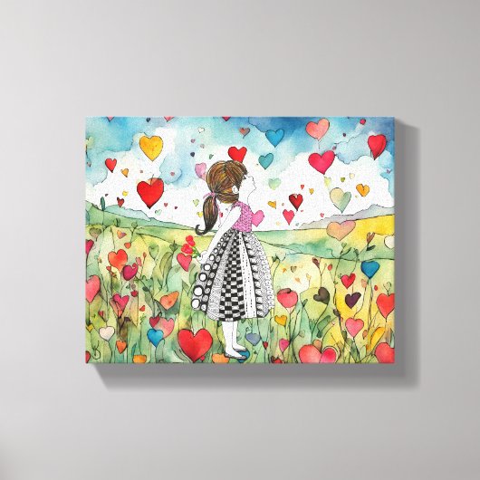 Toile Coeurs aquarelle et petite fille (Recto)