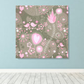 Toile Coeurs Whimsical rose et gris, oiseaux et fleurs (Insitu (Plancher de Bois))