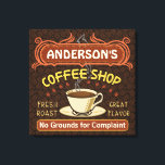 Toile Coffee shop with Mug Create Your Own Personalized<br><div class="desc">Cette décoration murale en toile enveloppée sur le thème du café conviendra à tous ceux qui tiennent leur propre café ou ont un thème café dans leur décor de cuisine maison. Fait en brun rétro, orange, beige et jaune, ce design inspiré de l'espresso / cappuccino comprend une tasse sur une...</div>