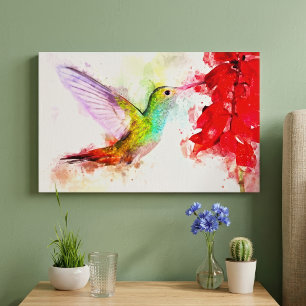Toile Colibri à l'aquarelle se nourrissant de fleur roug