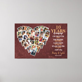 Toile Collage de photos en forme de cœur pour les 10 ans