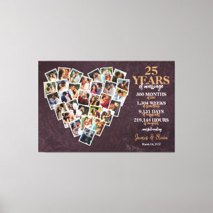 Toile Collage de photos en forme de cœur pour les 25 ans