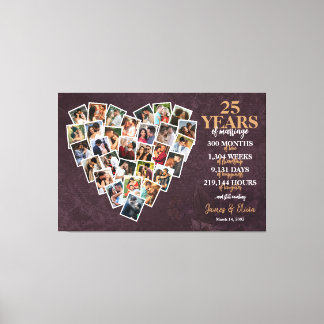 Toile Collage de photos en forme de cœur pour les 25 ans