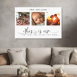 Toile Collage photo moderne C'est nous<br><div class="desc">Ce magnifique tableau mural en toile présente un magnifique collage photo à trois images présentant des souvenirs chéris, orné du message sincère, "This Is Us. Notre Vie. Notre Histoire. Notre Maison." L'élégant design noir et blanc, combiné à un script exquis et à une typographie d'impression, crée une pièce sophistiquée et...</div>