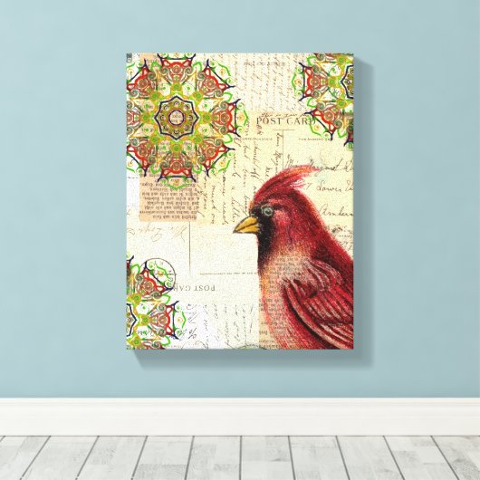 Toile Collaged Old Letters and Cardinal (Insitu (Plancher de Bois))