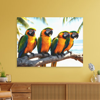 Toile Colorful Macaw Parrots By Beach Bird Art