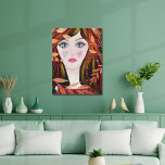 Toile Colorful Whimsical Visage Peinture Feuilles Dame<br><div class="desc">Un tableau lumineux et coloré d'une fille lunatique aux grands yeux,  et cheveux noirs aux reflets rouge et jaune. Des motifs de feuille,  d'étoile et de coeur complètent le tableau.</div>