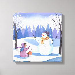Toile Construisons un Bonhomme de Neige | Peinture d'hiv