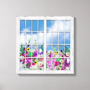 Toile Copie de toile, vue des fleurs, vitres rustiques