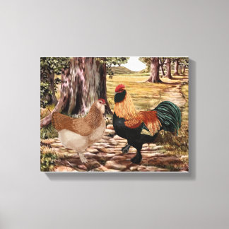 Toile Coq Saumon faverolle et poule en milieu boisé