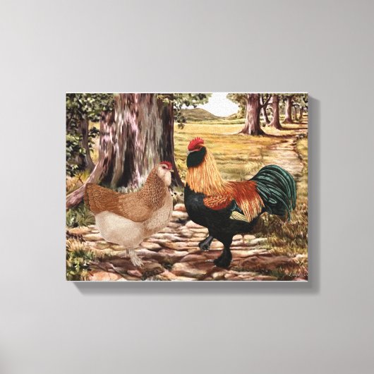 Toile Coq Saumon faverolle et poule en milieu boisé (Recto)