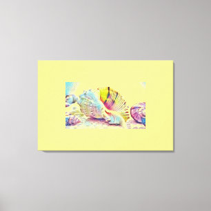 Toile Coquillages rose jaune et bleu aquarelle été p