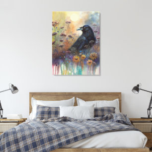 Toile Corbeau peint à la main avec Fleurs sauvages