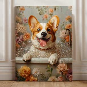 Toile Corgi dans un bain moussant – Bain floral fantaisi
