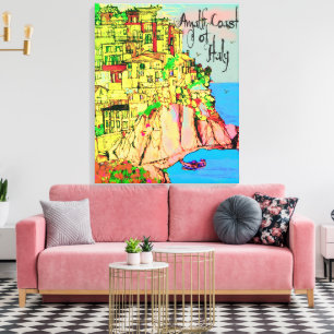 Toile Côte d'Amalfi en Italie maisons pastel falaise mer