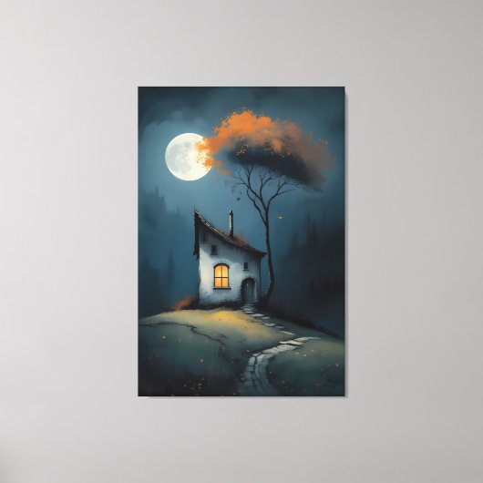 Toile Cottage au Clair de Lune sous l'Arbre d'Automne (Recto)