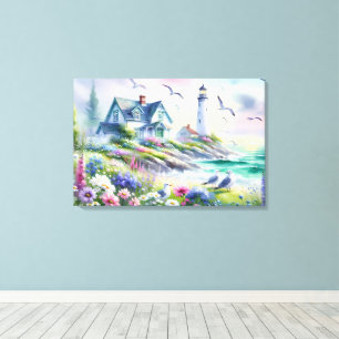 Toile Cottage balnéaire et phare aquarelle