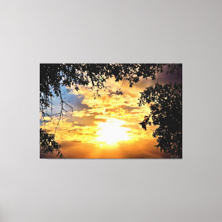 Toile Coucher de soleil à travers des feuilles en silhou