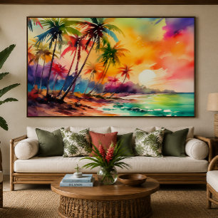 Toile Coucher de soleil aquarelle coloré art tropical XL