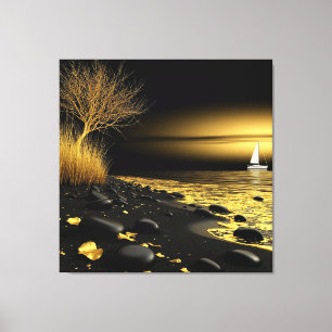 Toile Coucher de soleil doré au bord de la mer avec voil