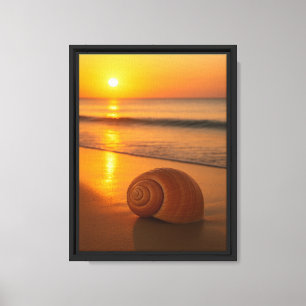 Toile Coucher de soleil doré avec coquillage sur la côte