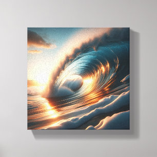 Toile Coucher de soleil doré majestueux - Vague en tonne