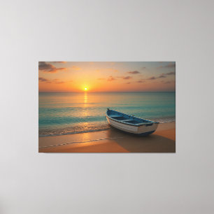 Toile Coucher de soleil doré paisible avec bateau sur to