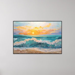 Toile Coucher de soleil doré sur les vagues de l'océan,