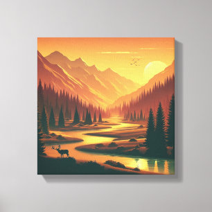 Toile Coucher de soleil doré sur une vallée montagneuse 