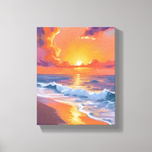 Toile Coucher de soleil orange plage océan peinture heur