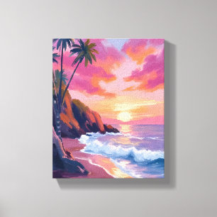 Toile Coucher de soleil rose tropical océan aquarelle