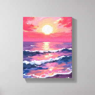 Toile Coucher de soleil rose vagues d'océan violet aquar