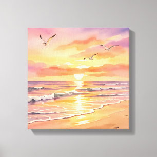Toile Coucher de soleil sur la plage avec des oiseaux