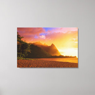 Toile Coucher de soleil sur la plage dorée, Hawaï