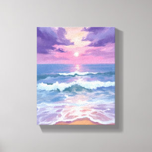 Toile Coucher de soleil sur la plage violet lavande aqua