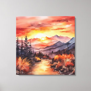 Toile Coucher de soleil sur l'aquarelle de montagne