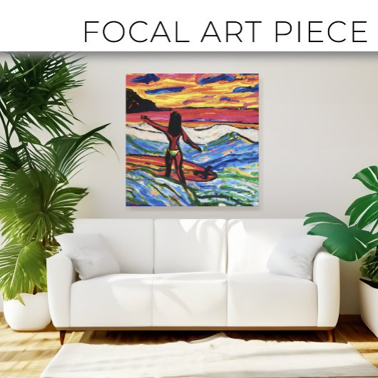 Toile Coucher de soleil sur l'île de Surfer sur la plage