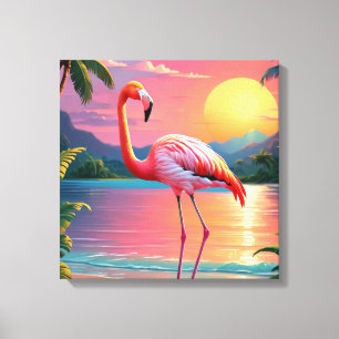 Toile Coucher de soleil tropical aux flamants roses