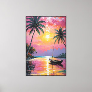Toile Coucher de soleil tropical avec palmiers et bateau