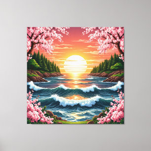 Toile Coucher de soleil vibrant sur les vagues de l'océa