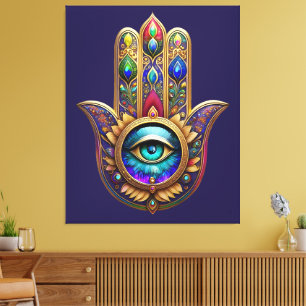 Toile Couleurs de Paon Doré Hamsa Saphir Troisième Œil