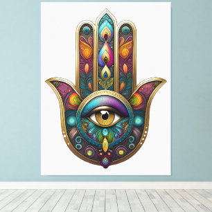 Toile Couleurs de paon Hamsa avec troisième œil en or