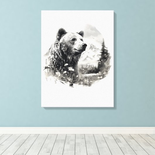 Toile Couleurs neutres Ours d'aquarelle dans la forêt (Insitu (Plancher de Bois))