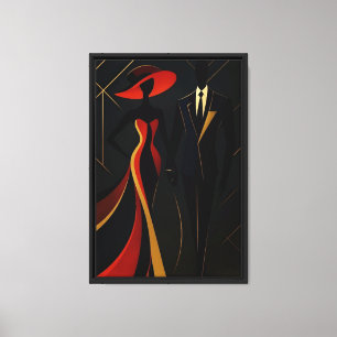 Toile Couple élégant en Rouge et Or Art Abstrait